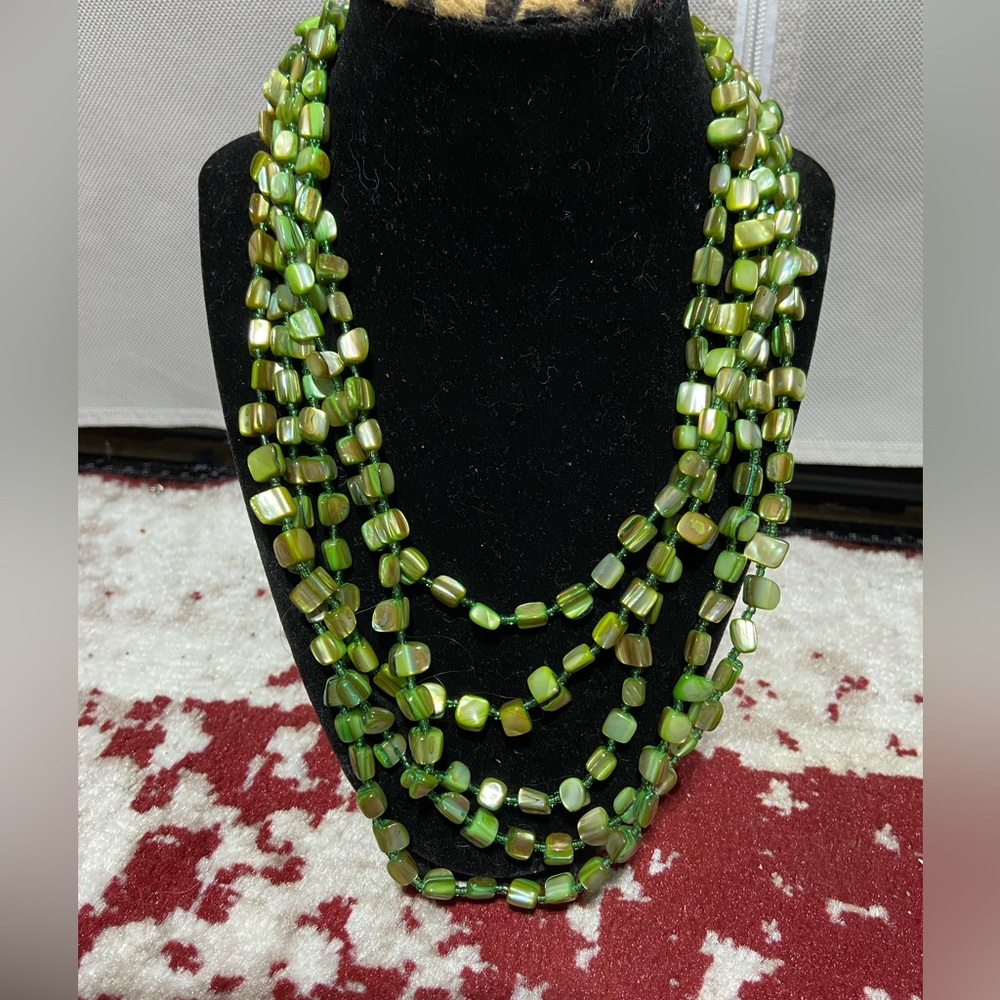 Layered Green Dyed Shell Necklace With Green Seed Beads